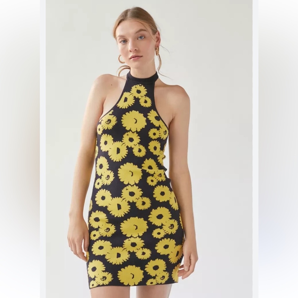 Urban Outfitters Charlie Knit Black Yellow Floral Halter Sweater Mini Dress. NWT